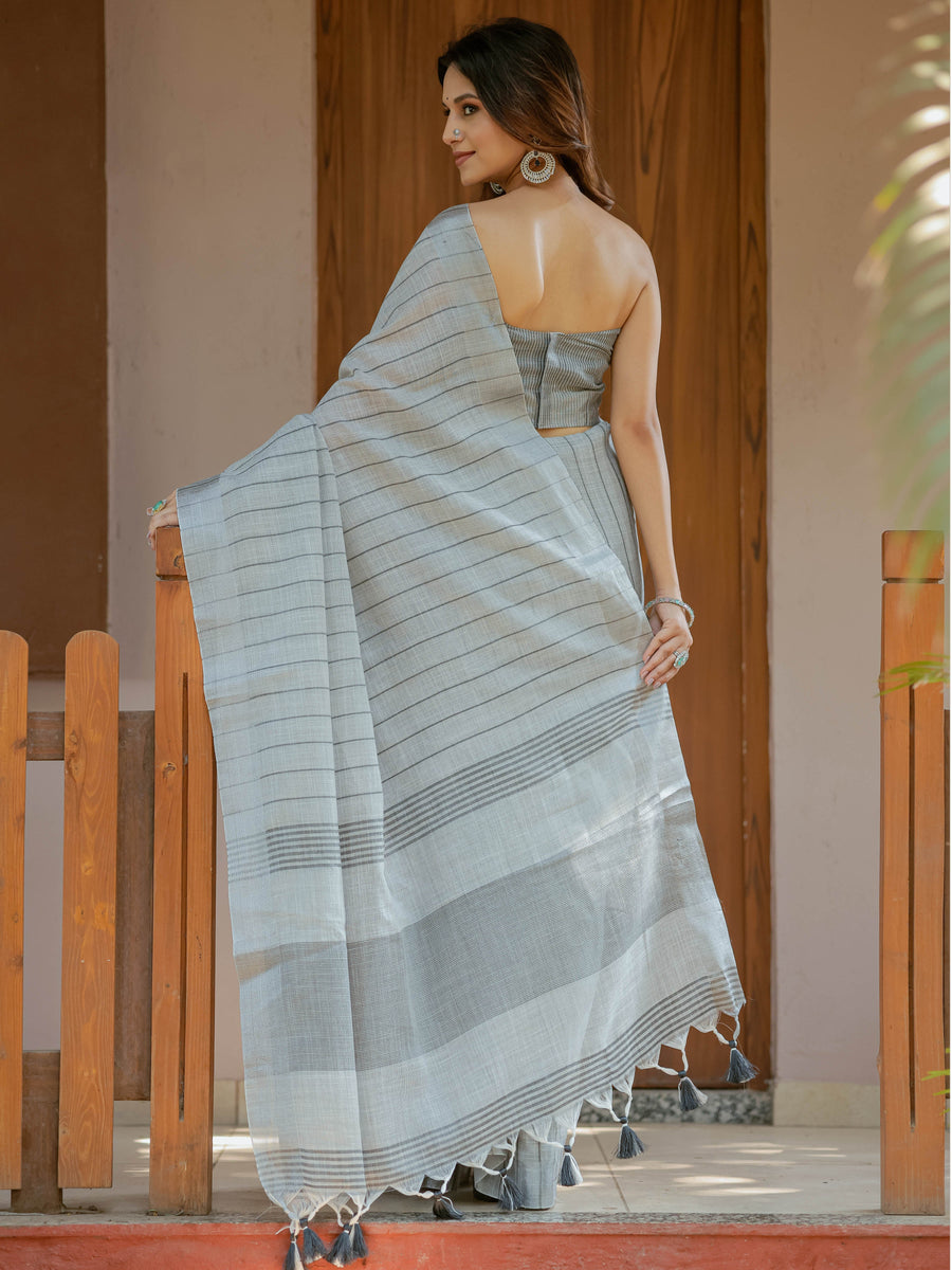 Ash Grey Handloom Cotton Saree with Minimal Striped Weaving & Tassel Detailing