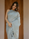 Ash Grey Handloom Cotton Saree with Minimal Striped Weaving & Tassel Detailing