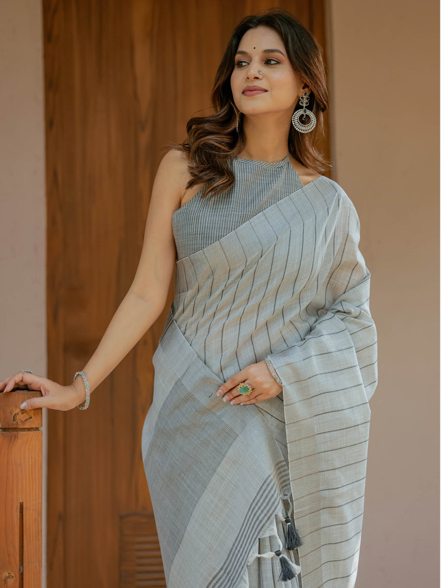 Ash Grey Handloom Cotton Saree with Minimal Striped Weaving & Tassel Detailing