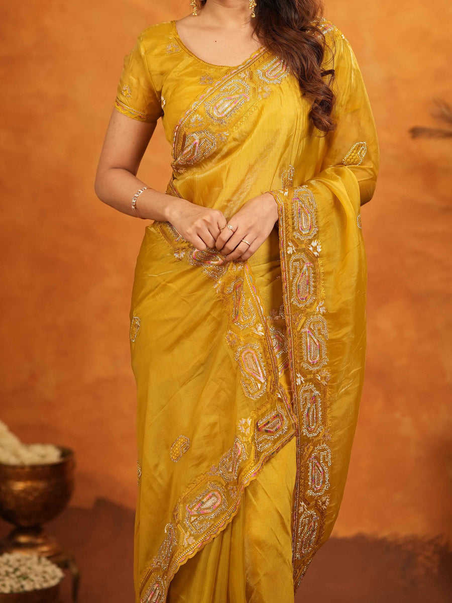 Mustard Yellow Fendy Satin Embroidered Saree with Geometric Border & Rich Designer Pallu | Festive Wedding Wear Saree with Blouse