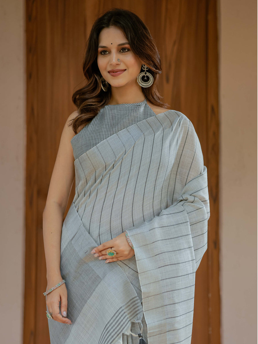Ash Grey Handloom Cotton Saree with Minimal Striped Weaving & Tassel Detailing