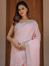 Soft Baby Pink Handloom Cotton Saree with Silver Border & Tassel Detailing