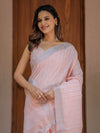 Soft Baby Pink Handloom Cotton Saree with Silver Border & Tassel Detailing