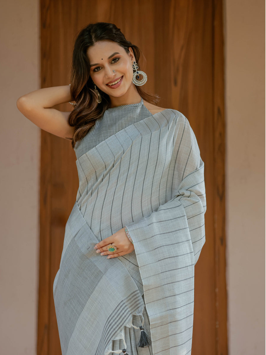 Ash Grey Handloom Cotton Saree with Minimal Striped Weaving & Tassel Detailing