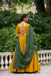 Full length view of black and mustard Navratri lehenga choli set with dupatta and purse - LNB