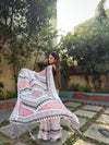 White Pure Linen Digital Printed Saree with Chevron Design and Intricate Red-Black Geometric Pallu – Tassel Details and Matching Blouse Piece