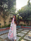 White Pure Linen Digital Printed Saree with Chevron Design and Intricate Red-Black Geometric Pallu – Tassel Details and Matching Blouse Piece