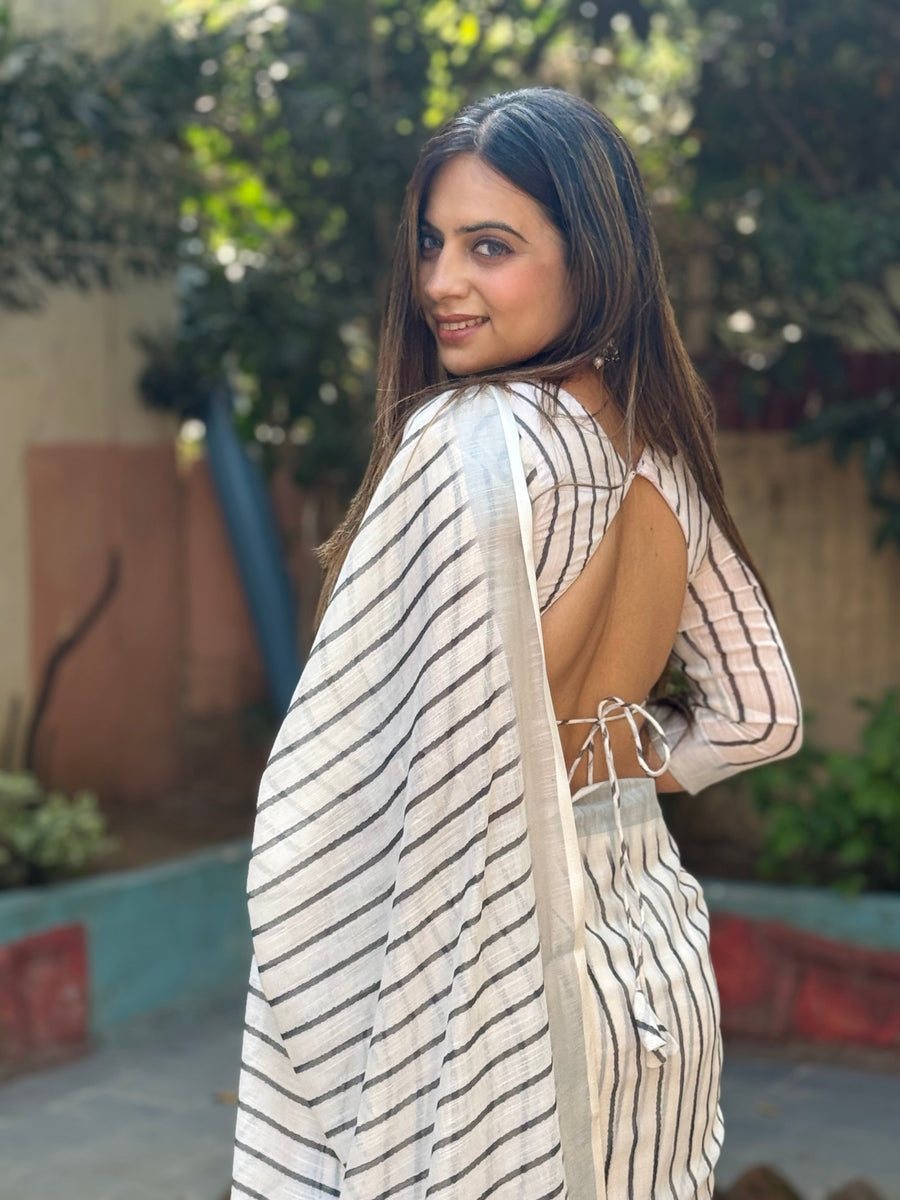 Off-White Pure Linen Digital Printed Saree with Striped Design and Unique Black Motif Pallu – Comes with Blouse Piece and Tassels