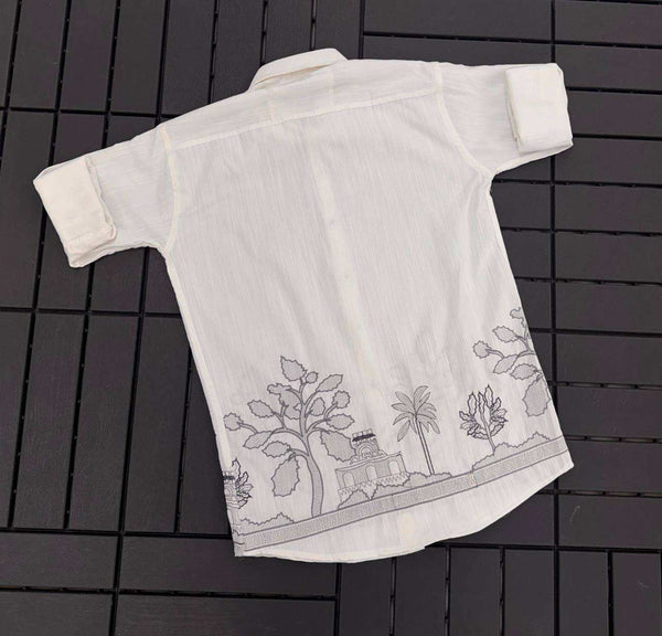 Shree Roop Men's Linen Kurta Back View with Full Sleeve and Embroidery Details
