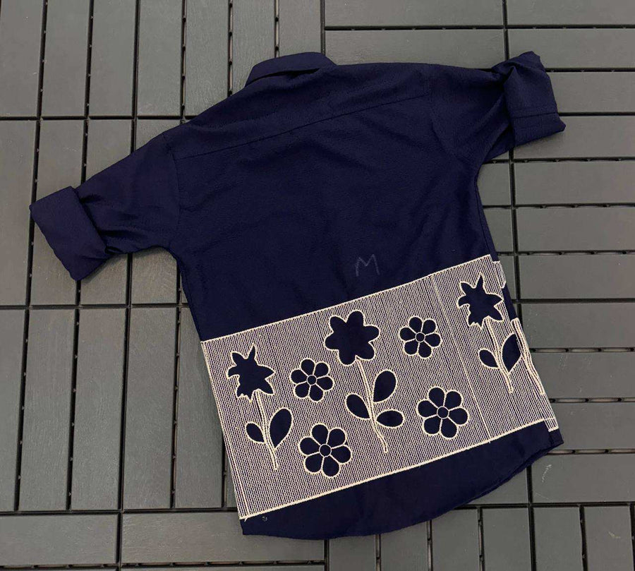 Back view of Shree Roop navy blue men's kurta showcasing full sleeve design and dobby cotton texture