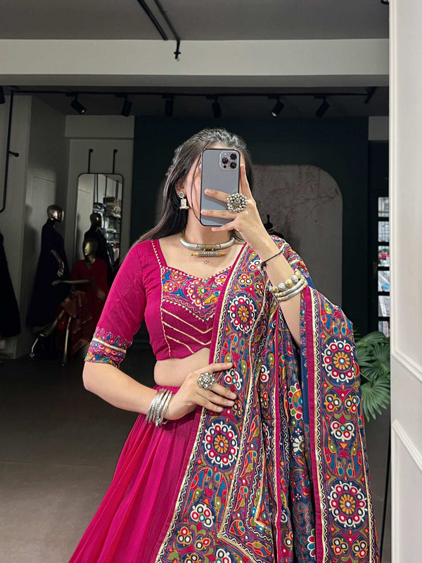 Pink Tasar Silk Lehenga with Gamthi Print Front View - LNB - Shree Roop