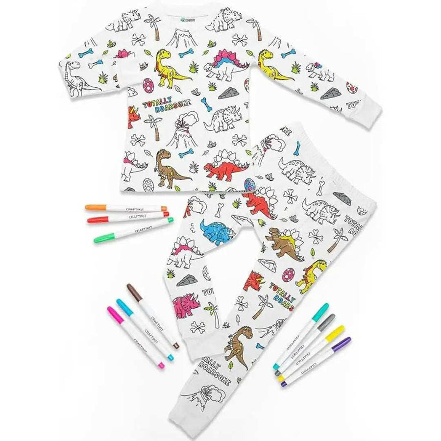 Full length view of white cotton Magic Coloring Pajama Set with markers for kids by Shree Roop