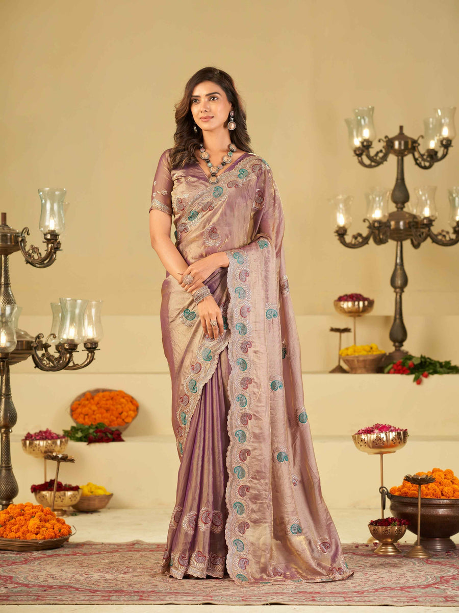 Lavender Designer Fendy Satin Saree with Multicolor Paisley Embroidery & Heavy Embroidered Border | Festive Party Wear Saree