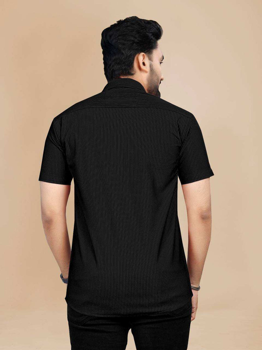 Navy Blue Codroy Fabric Men's Exclusive Half Sleeve Kurta Back View - Shree Roop
