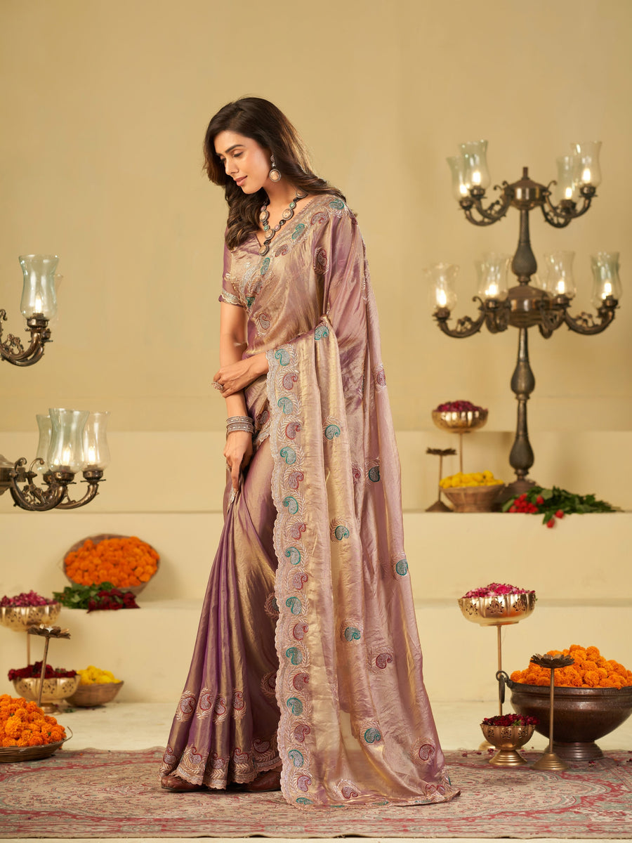 Lavender Designer Fendy Satin Saree with Multicolor Paisley Embroidery & Heavy Embroidered Border | Festive Party Wear Saree