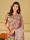 Lavender Designer Fendy Satin Saree with Multicolor Paisley Embroidery & Heavy Embroidered Border | Festive Party Wear Saree