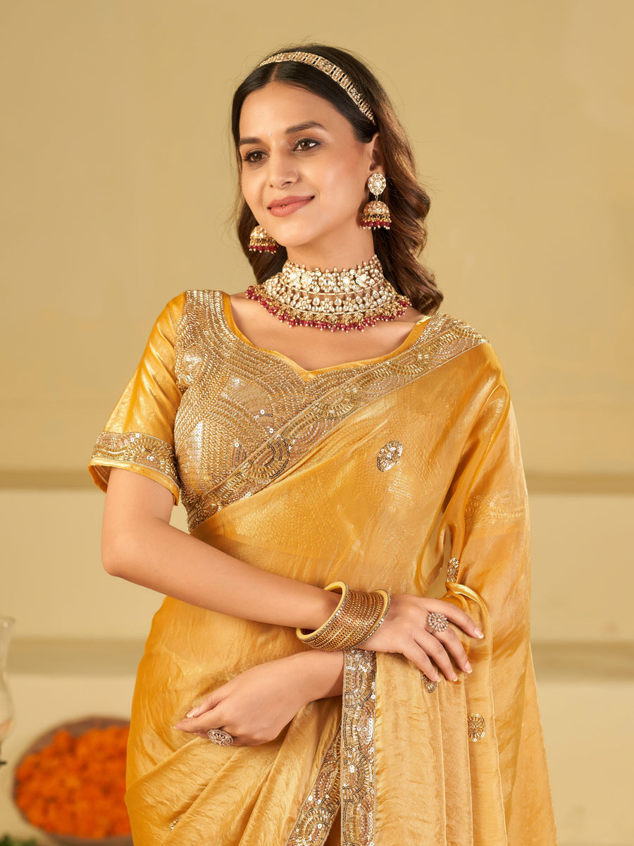 Mustard Yellow Designer Fendy Satin Saree with Heavy Embroidered Blouse & Sequin Border | Premium Wedding Party Wear Saree