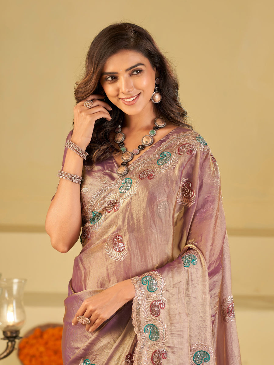 Lavender Designer Fendy Satin Saree with Multicolor Paisley Embroidery & Heavy Embroidered Border | Festive Party Wear Saree