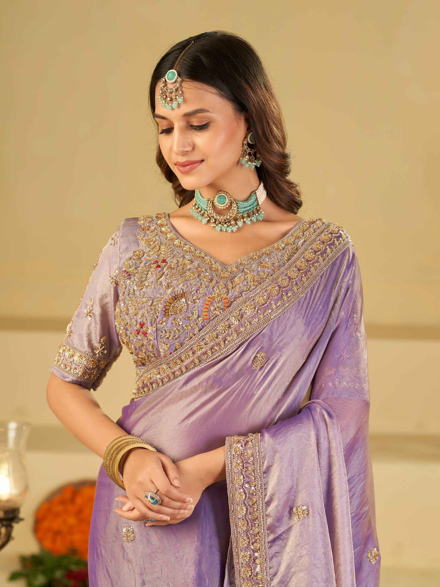 Lavender Designer Fendy Satin Saree with Heavy Embroidered Blouse & Stone Work Border | Premium Wedding Party Wear Saree