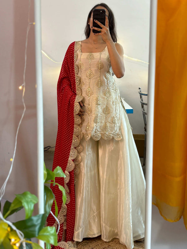 Ivory Silk Sharara Set | Golden Thread Embroidery & Red Bandhej Dupatta – Wedding Wear | Buy Online - SHREE ROOP