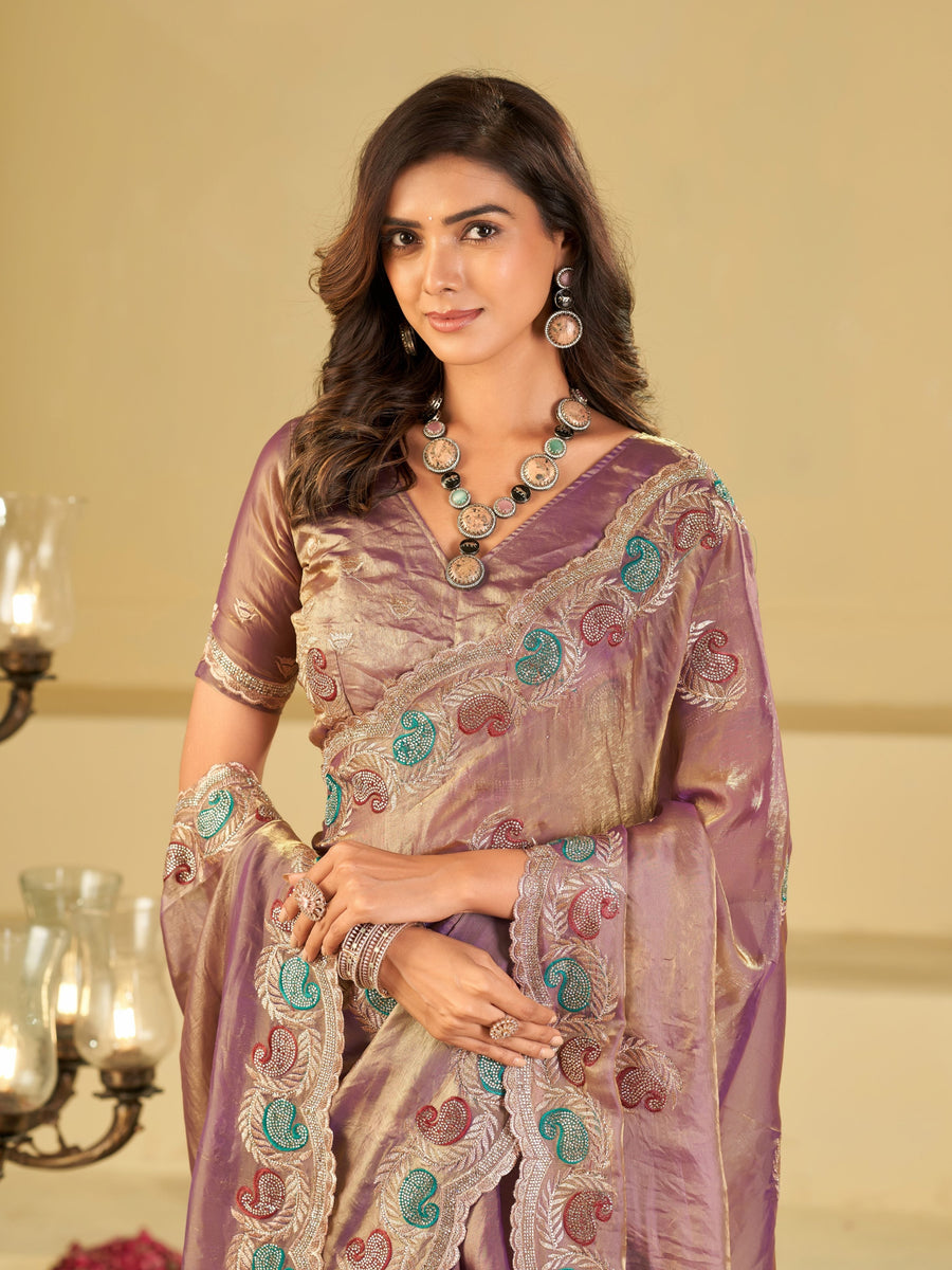 Lavender Designer Fendy Satin Saree with Multicolor Paisley Embroidery & Heavy Embroidered Border | Festive Party Wear Saree