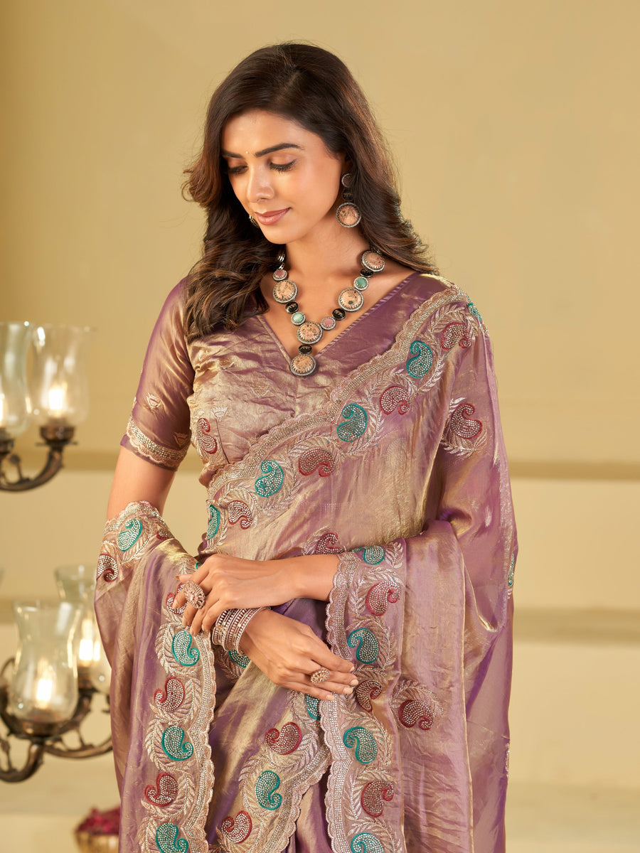 Lavender Designer Fendy Satin Saree with Multicolor Paisley Embroidery & Heavy Embroidered Border | Festive Party Wear Saree