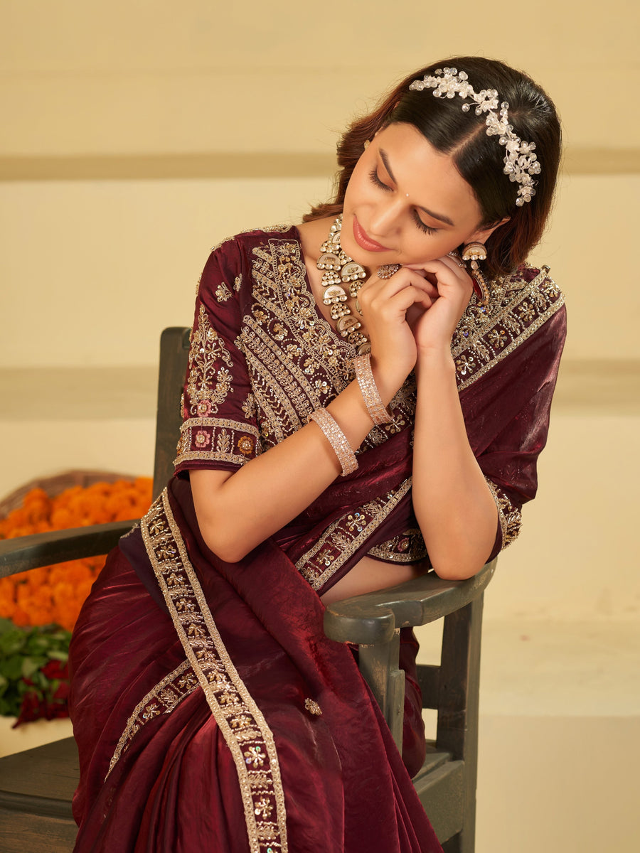 Wine Purple Designer Fendy Satin Saree with Heavy Embroidered Blouse & Zari Border | Premium Wedding & Festive Wear Saree