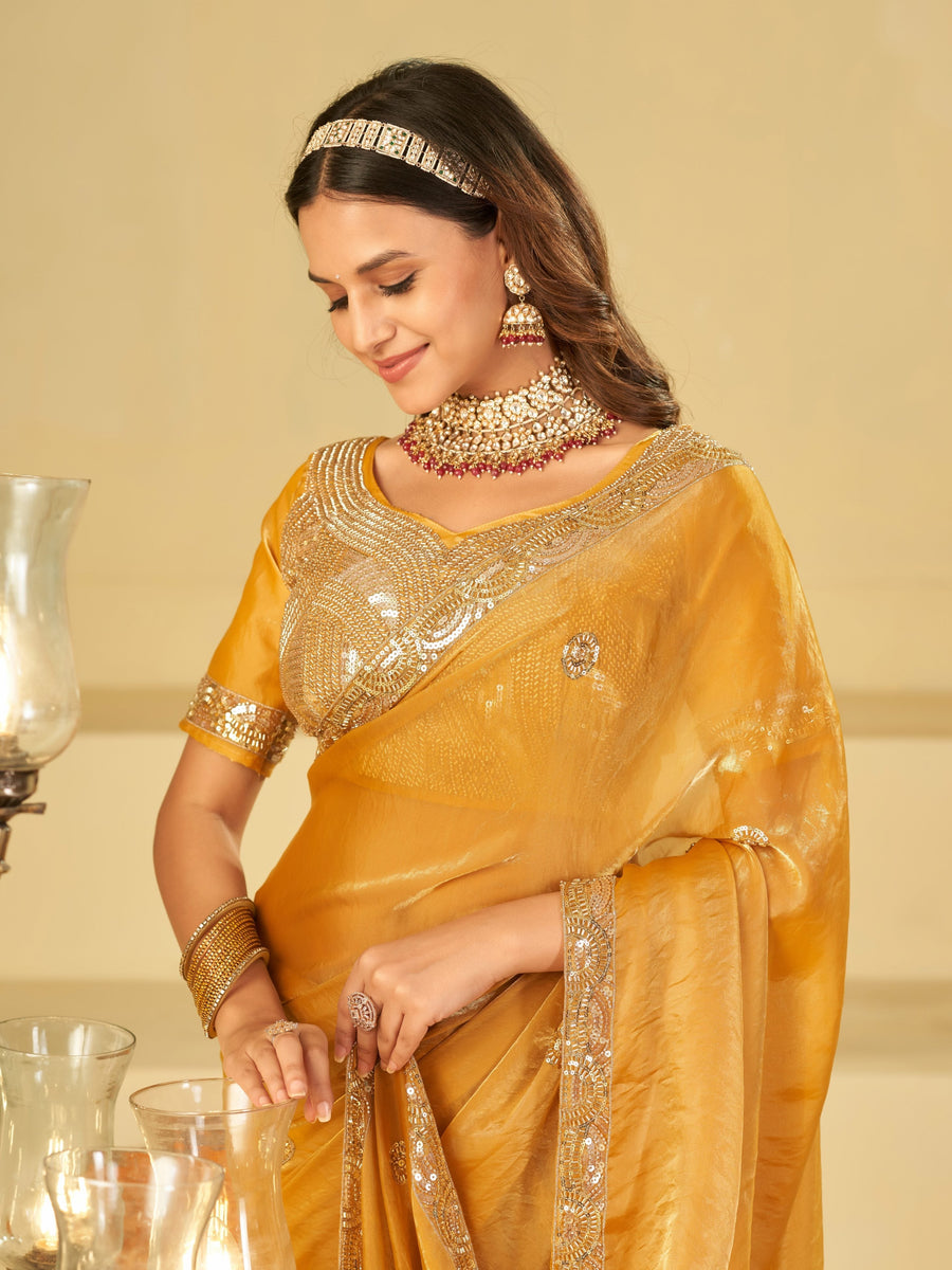 Mustard Yellow Designer Fendy Satin Saree with Heavy Embroidered Blouse & Sequin Border | Premium Wedding Party Wear Saree
