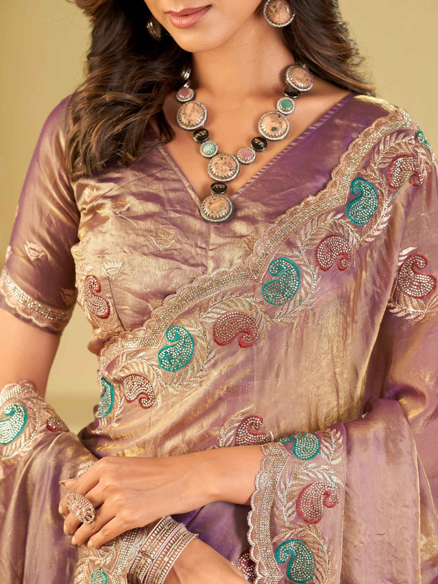 Lavender Designer Fendy Satin Saree with Multicolor Paisley Embroidery & Heavy Embroidered Border | Festive Party Wear Saree