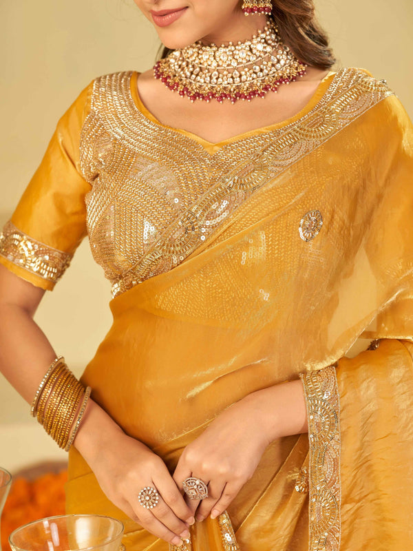 Mustard Yellow Designer Fendy Satin Saree with Heavy Embroidered Blouse & Sequin Border | Premium Wedding Party Wear Saree
