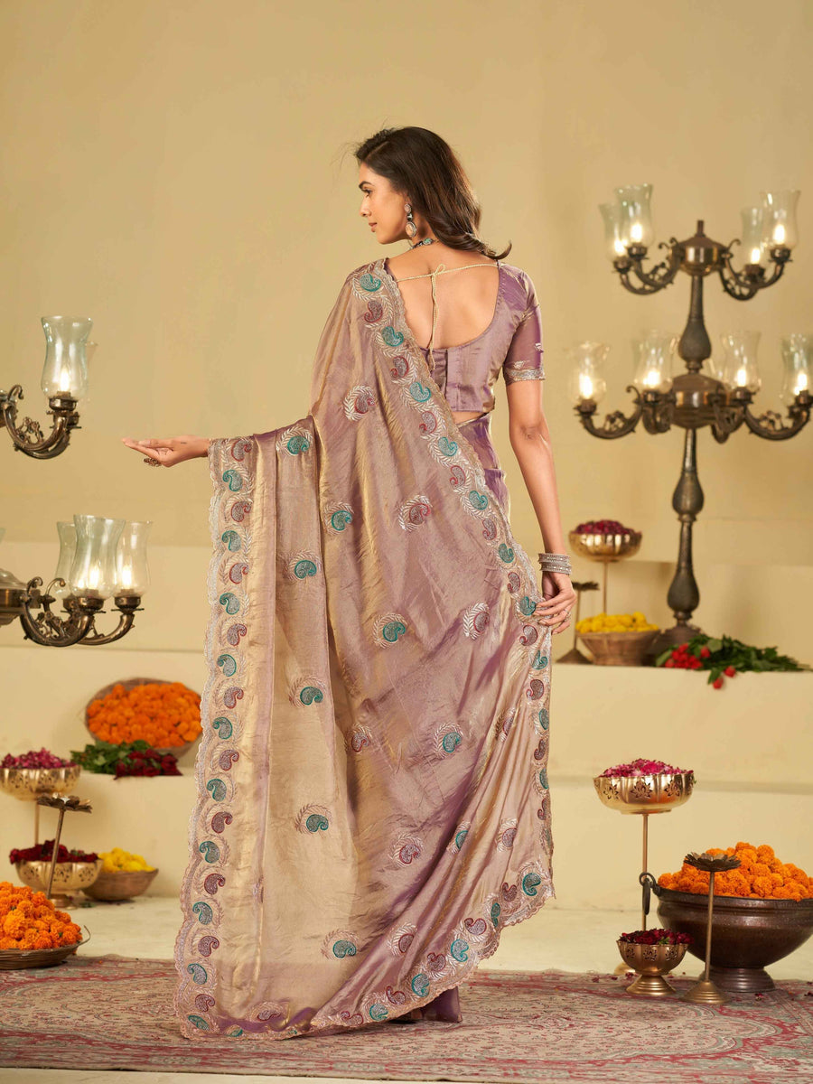 Lavender Designer Fendy Satin Saree with Multicolor Paisley Embroidery & Heavy Embroidered Border | Festive Party Wear Saree