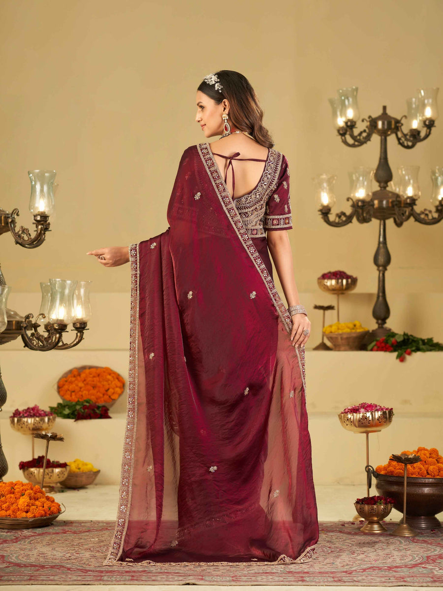 Wine Purple Designer Fendy Satin Saree with Heavy Embroidered Blouse & Zari Border | Premium Wedding & Festive Wear Saree