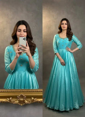 Full Length View of Firozi Space Silk Anarkali Gown with Moti Work - Shree Roop