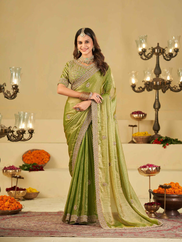 Pista Green Designer Fendy Satin Saree with Heavy Embroidered Blouse & Sequin Border | Premium Wedding Party Wear Saree
