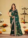 Emerald Green Designer Fendy Satin Saree with Heavy Floral Embroidery Work | Premium Wedding & Party Wear Embroidered Saree with Blouse