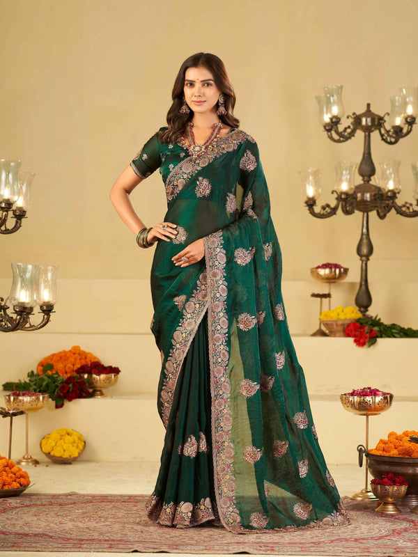 Emerald Green Designer Fendy Satin Saree with Heavy Floral Embroidery Work | Premium Wedding & Party Wear Embroidered Saree with Blouse