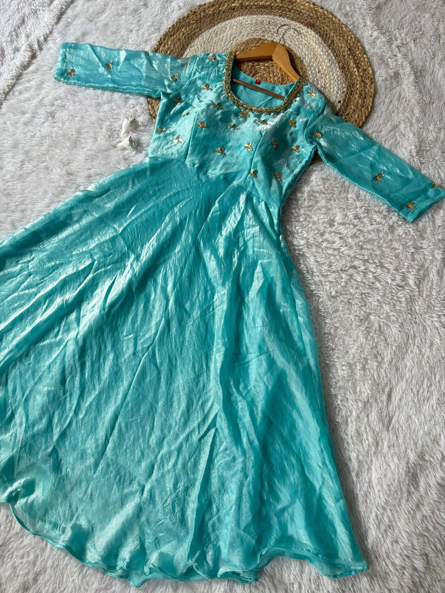 Firozi Space Silk Anarkali Gown Front View with Moti Handwork - Shree Roop
