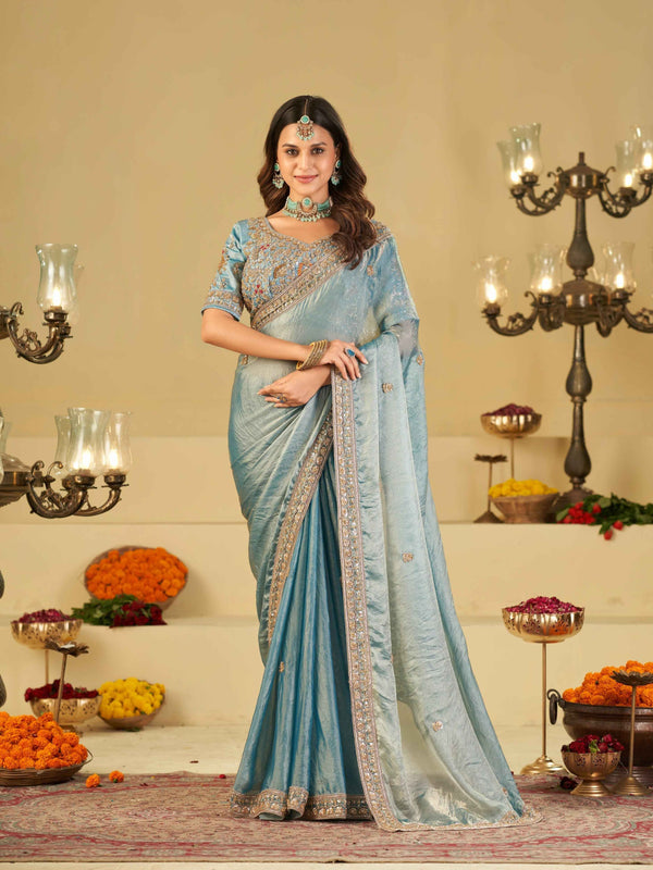 Sky Blue Designer Fendy Satin Saree with Heavy Embroidered Blouse & Stone Work Border | Premium Wedding Party Wear Saree