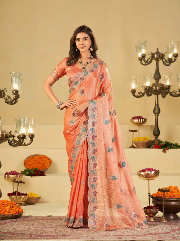 Peach Designer Fendy Satin Saree with Multicolor Paisley Embroidery & Scalloped Embroidered Border | Festive Party Wear Saree