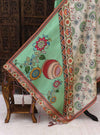 Ivory Cream & Mint Green Floral Printed Malai Silk Dupatta with Folk Border & Tassel Detailing