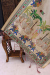 Ivory Beige Malai Silk Dupatta with Royal Elephant, Cow & Krishna Folk Print and Tassel Detailing