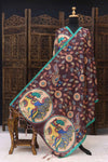 Wine Brown Malai Silk Dupatta with Peacock Mandala Print, Floral Vine Design & Tassel Detailing