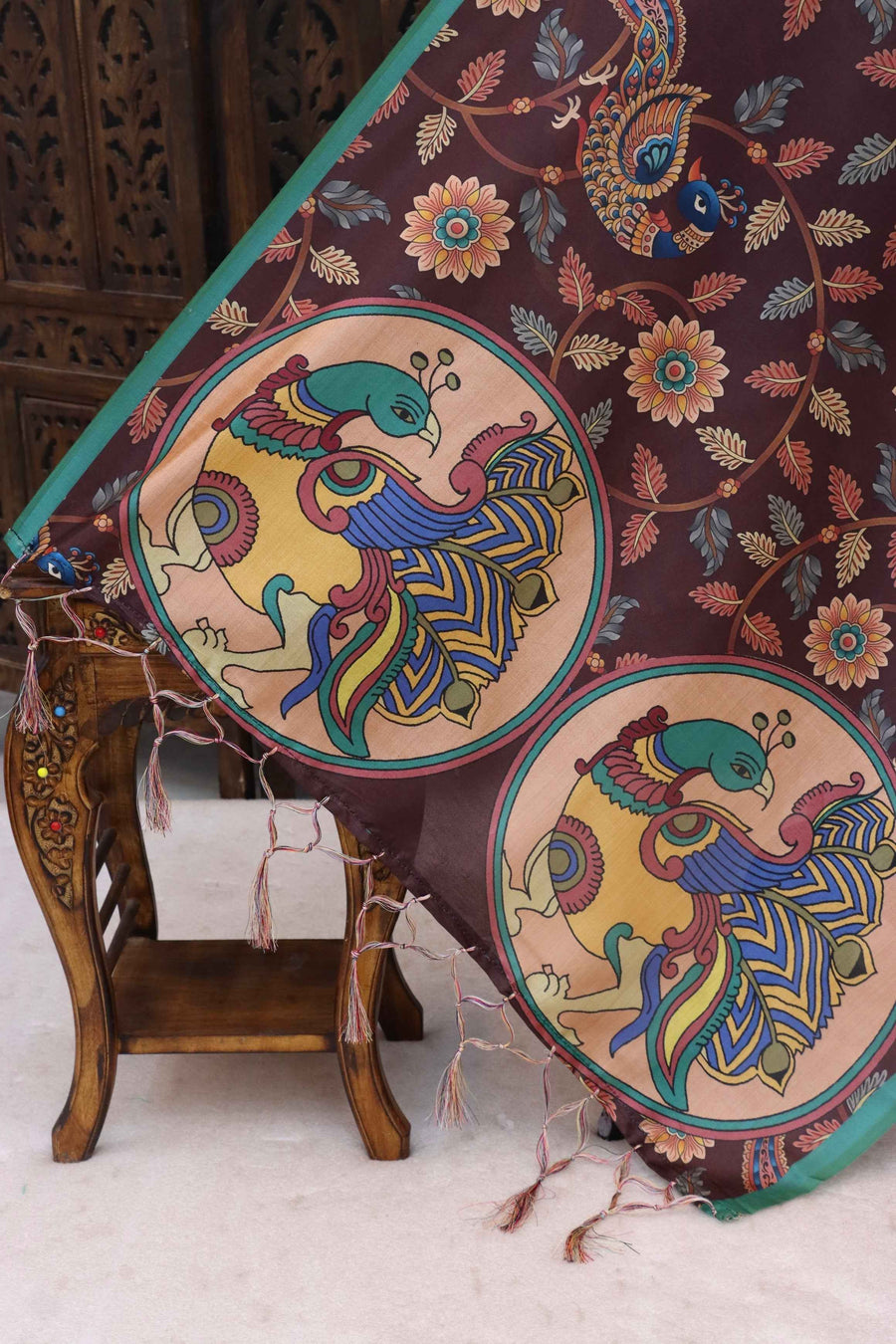Wine Brown Malai Silk Dupatta with Peacock Mandala Print, Floral Vine Design & Tassel Detailing