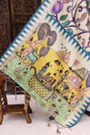 Ivory & Teal Malai Silk Dupatta with Floral Vine Body and Village Folk Story Print with Tassels
