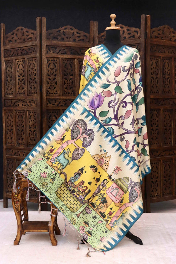 Ivory & Teal Malai Silk Dupatta with Floral Vine Body and Village Folk Story Print with Tassels