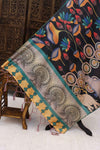 Charcoal Black Malai Silk Dupatta with Peacock, Elephant & Floral Folk Print and Contrast Border with Tassels