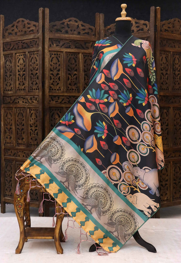 Charcoal Black Malai Silk Dupatta with Peacock, Elephant & Floral Folk Print and Contrast Border with Tassels