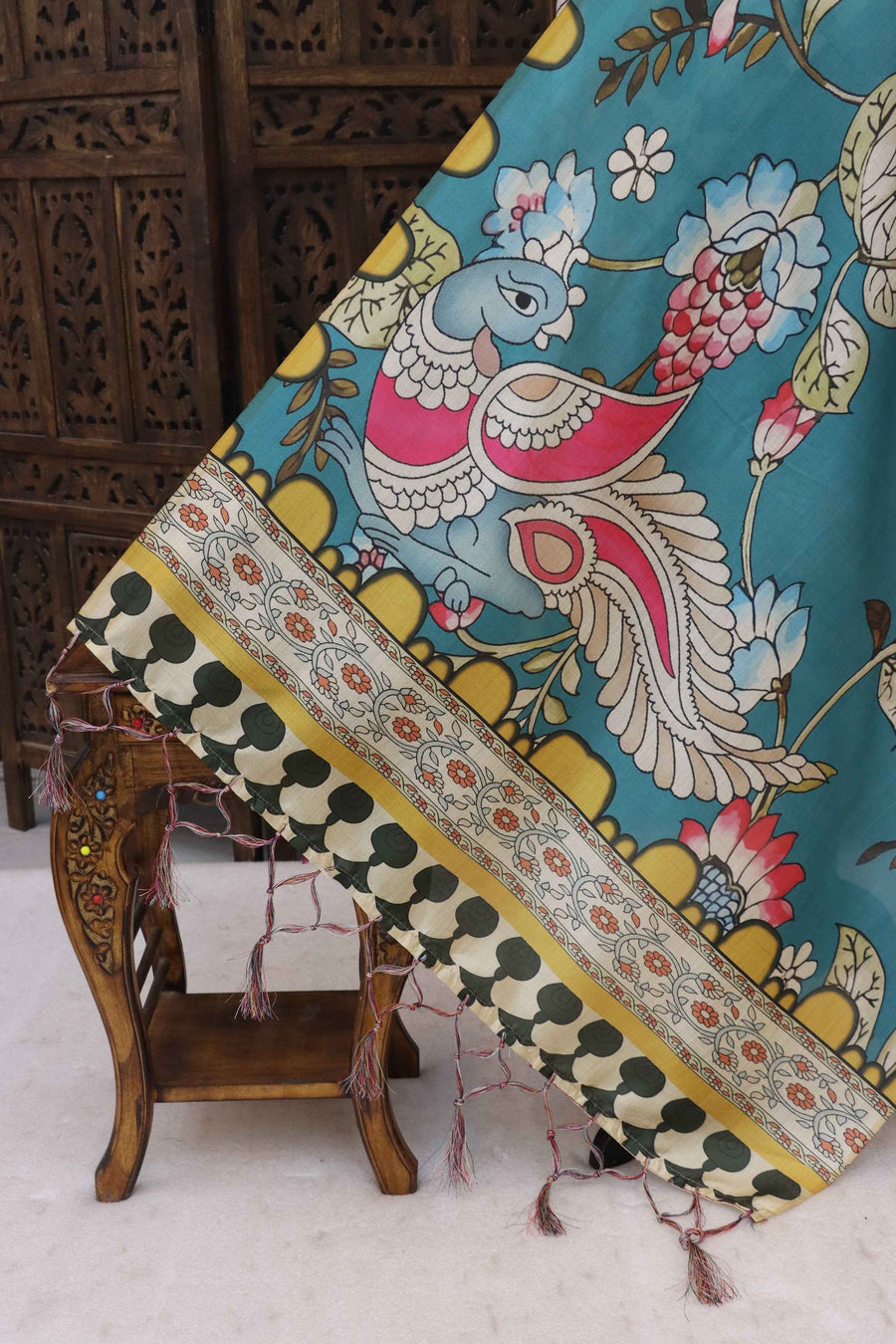 Teal Blue Malai Silk Dupatta with Peacock & Floral Print, Decorative Border and Tassel Detailing