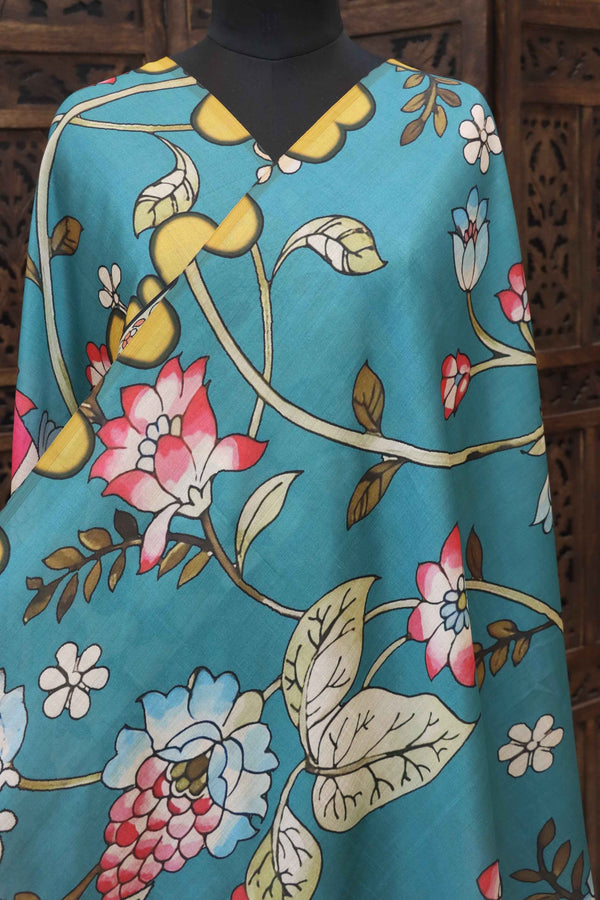 Teal Blue Malai Silk Dupatta with Peacock & Floral Print, Decorative Border and Tassel Detailing