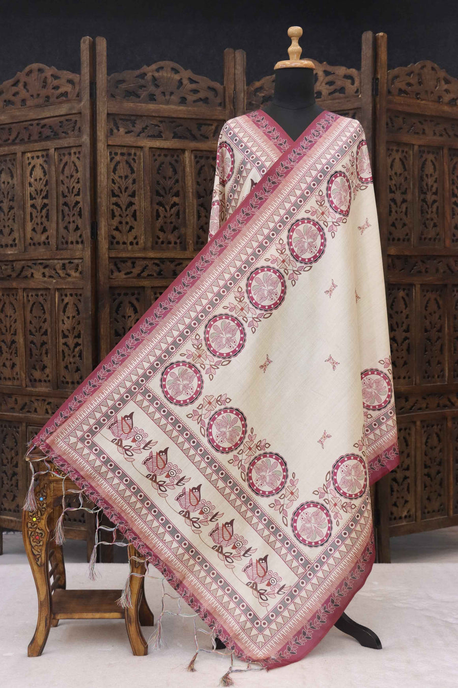 Ivory Cream & Maroon Malai Silk Dupatta with Circular Floral Motifs, Traditional Border & Tassel Detailing
